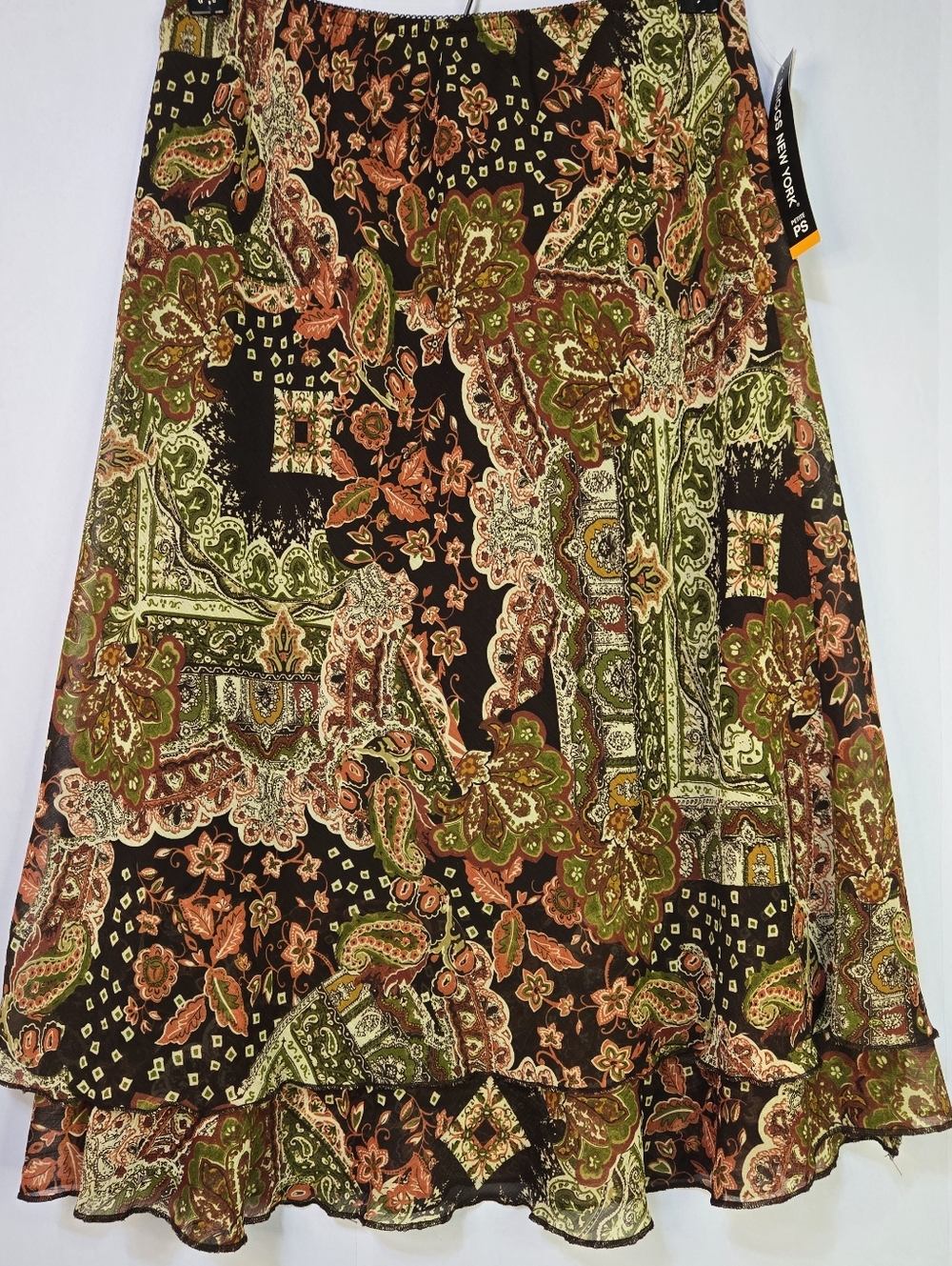 BRIGGS New York Size PS Paisley Layered Ruffle Skirt in Olive, Rust & Black NWOT